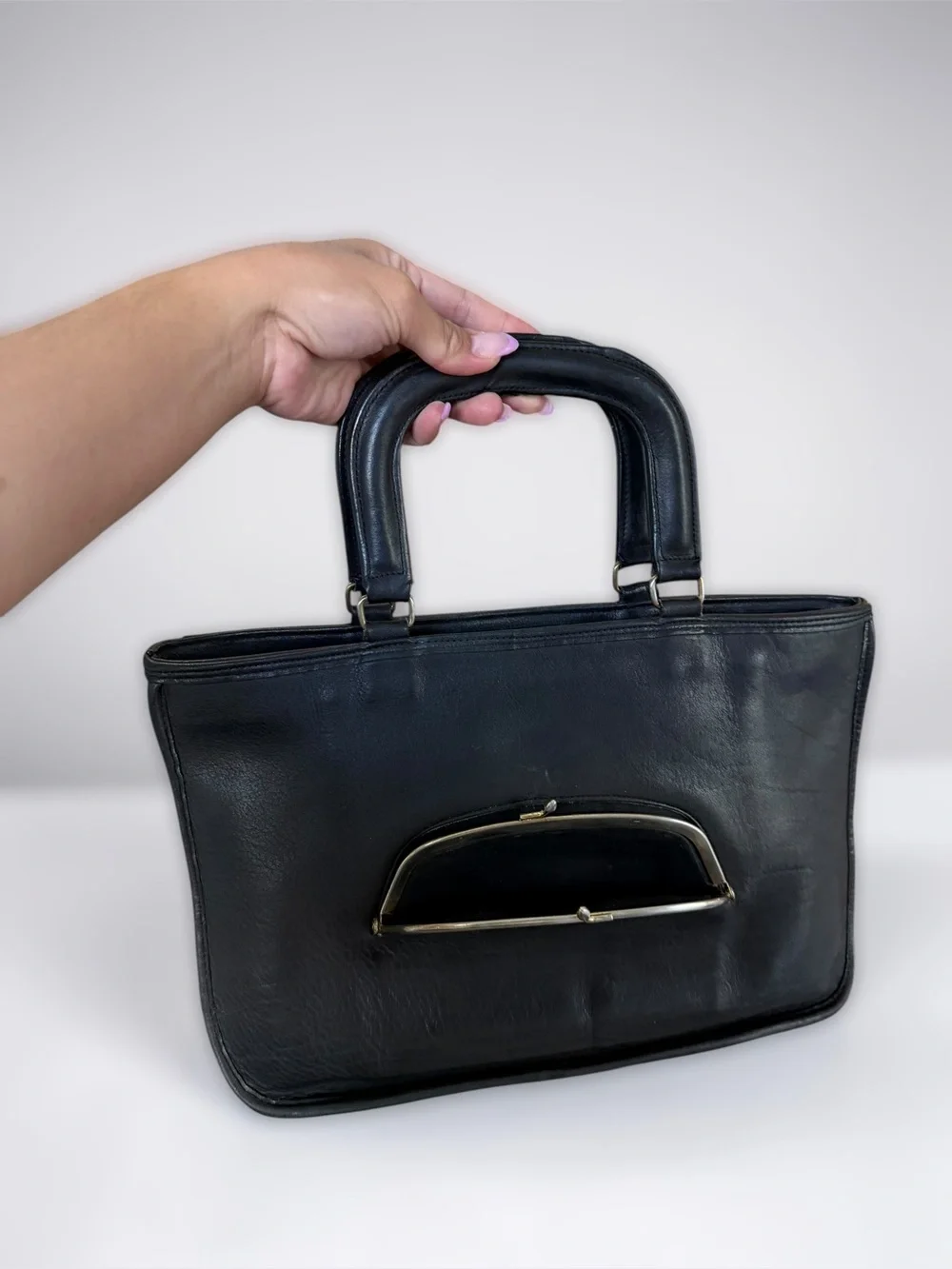 Vintage Coach Watermelon Kisslock Bag Black Leather Pre-Creed 70s Bonnie Cashin